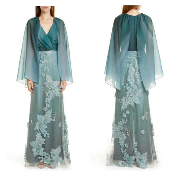 PatBo Dresses & Skirts - PatBo Cape Ombré  Floral Beaded Tulle Maxi Dress